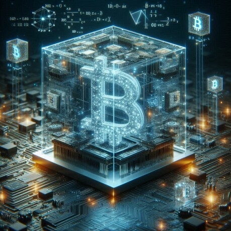 A transparent quantum computer containing bitcoin rests on a circuit board adorned with various icons and symbols, representing quantum income.